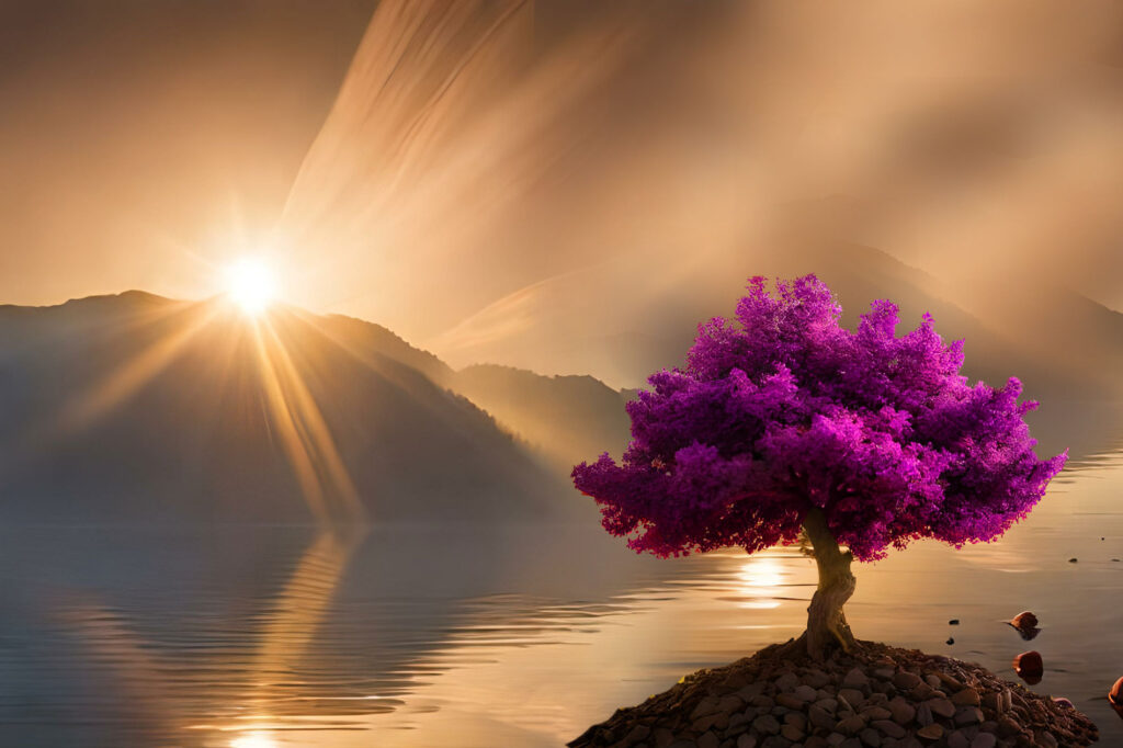 A vibrant tree in the middle of a lake during sunset